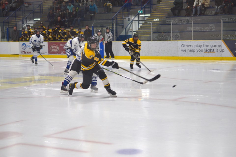 Barrhead Steeler Miller Ferguson takes a shot from the top of the offensive circle in the second period of a playoff game against Hinton on Feb. 26.