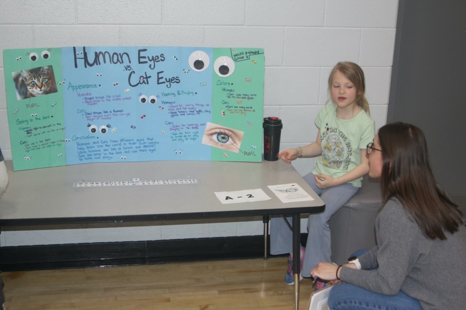 Oaklyn Baxandall chats with judge Alexa Dixon about her exhibit “Human Eyes vs. Cat Eyes" during the Pembina North Community School science expo hosted on April 22. The event was open to both K-6 and Grade 7-9 students and entries could be submitted in a variety of scientific subjects like chemistry and biology. Set-up took place in the morning and there was a public viewing in the afternoon. The event was open to both K-6 and Grade 7-9 students and entries could be submitted in a variety of scientific subjects like chemistry and biology.