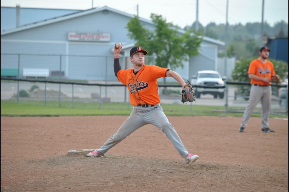 Barrhead Orioles starting pitcher Ryan Ricard throwing a pitch in the third inning. He would end up going the distance earning the win.