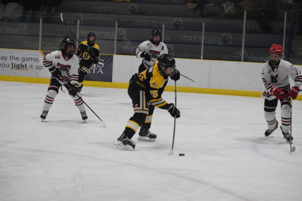 Barrhead Pirate Rylan Keith taking the shot which would end up being the Pirates’ second goal.