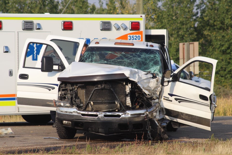 The two vehicles involved in a collision near the junction between Highways 18 and 33 on Sept. 13 sit empty after their drivers were successfully extricated by emergency personnel. One of the individuals in this collision has passed away due to his injuries, while the other remains in hospital. 
