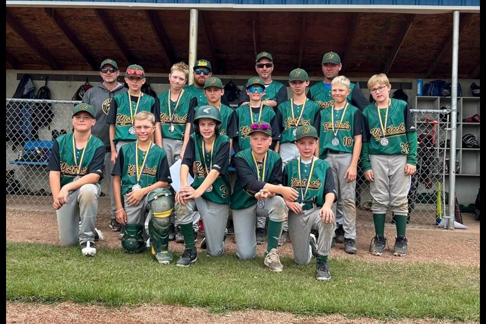 The Westlock Wild U13 AA boys who won sliver at provincials in Lacombe. Back row from L-R: Assistant Coaches Trevor Krause, Dan Horinek, Ryan McQuade and Head Coach Cody Miller. Middle row from L-R: Kash Neumiller, Kolten Fels, Xavier Clark, Nixen Smith, Kolton Krause, Derek Dul and Bentley Horinek. Front row from L-R: Brody McLean, Dylan Gibson, Easton McQuade, Tanner Ryan and Lincoln Miller.