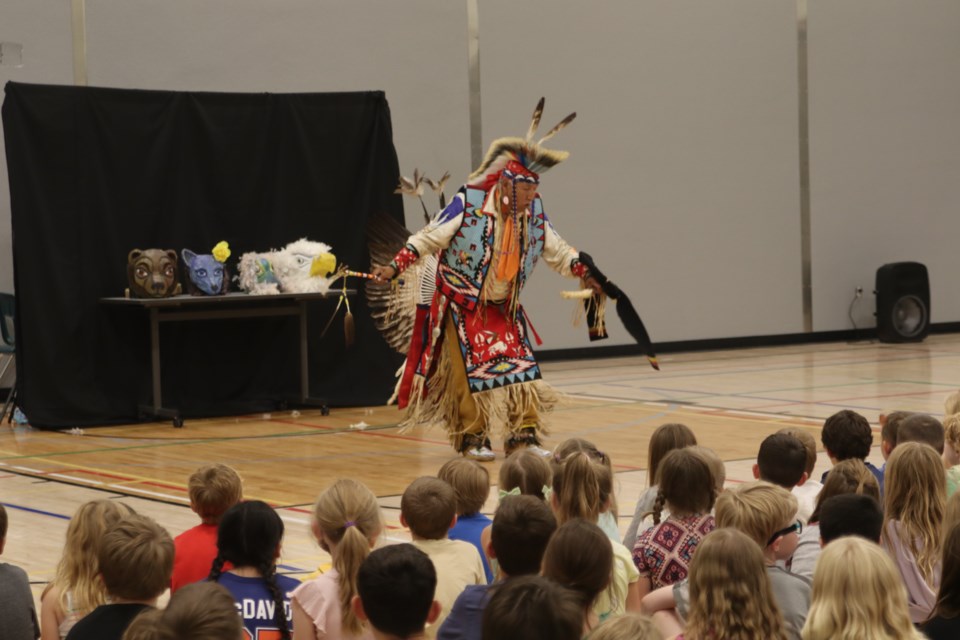 Melvin John from the Kehewin Native Dance Theatre performs at the Busby School on June 17.
