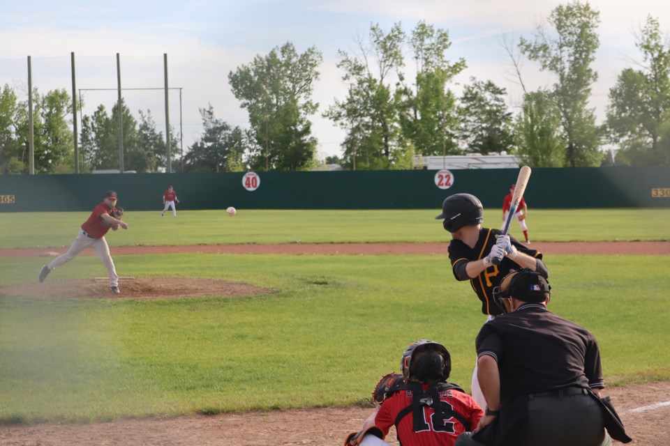 Jordan Brand throws a pitch for the Westlock Red Lions against the Legal Primeaus in their matchup on May 27.