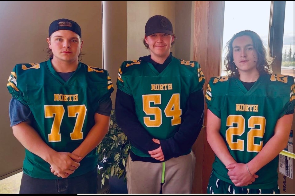 L-R: Tyson Watson, Jacob Gaede and Desmin Duniece, the three players from the Westlock Thunderbirds who made the Northern Alberta football all-star team.