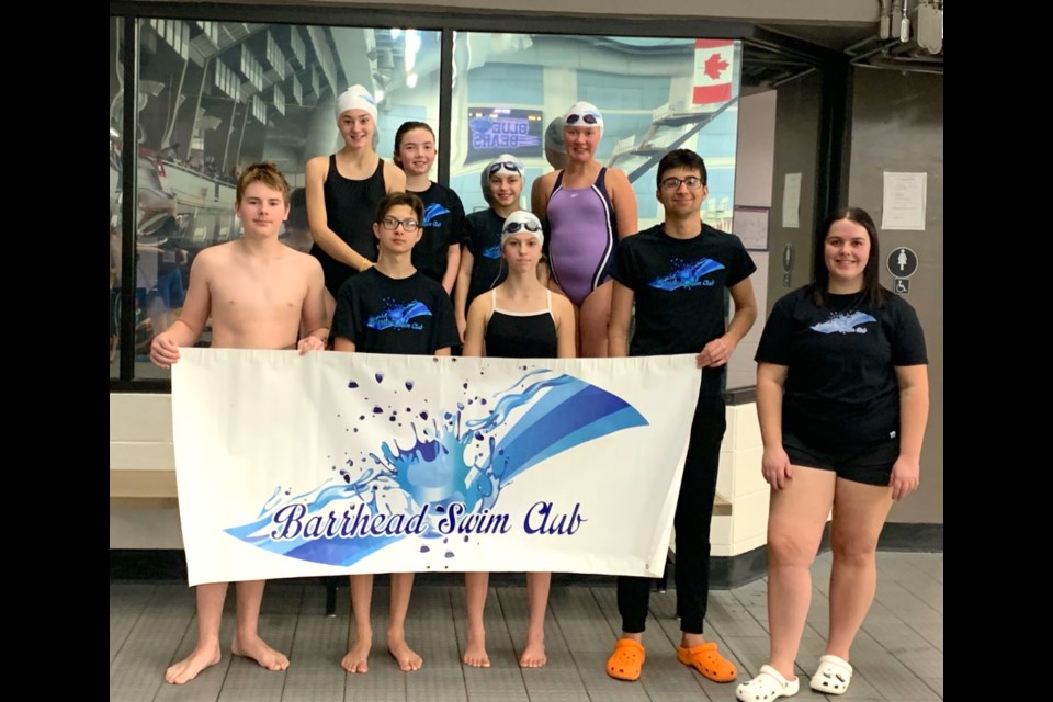 The Barrhead Swim Club participated in the Blue Bears swim meet in Edmonton on the Jan. 20 and 21 weekend. Pictured back row from left: Sloan Wierenga, Lily McBeth, Aria Ellwein, and Paige VanGelder. Front row from left: Robert Williams, Kyler Demskie, Eilyn-Rose Demskie, Adam Assaf, and Kylee Meunier. 