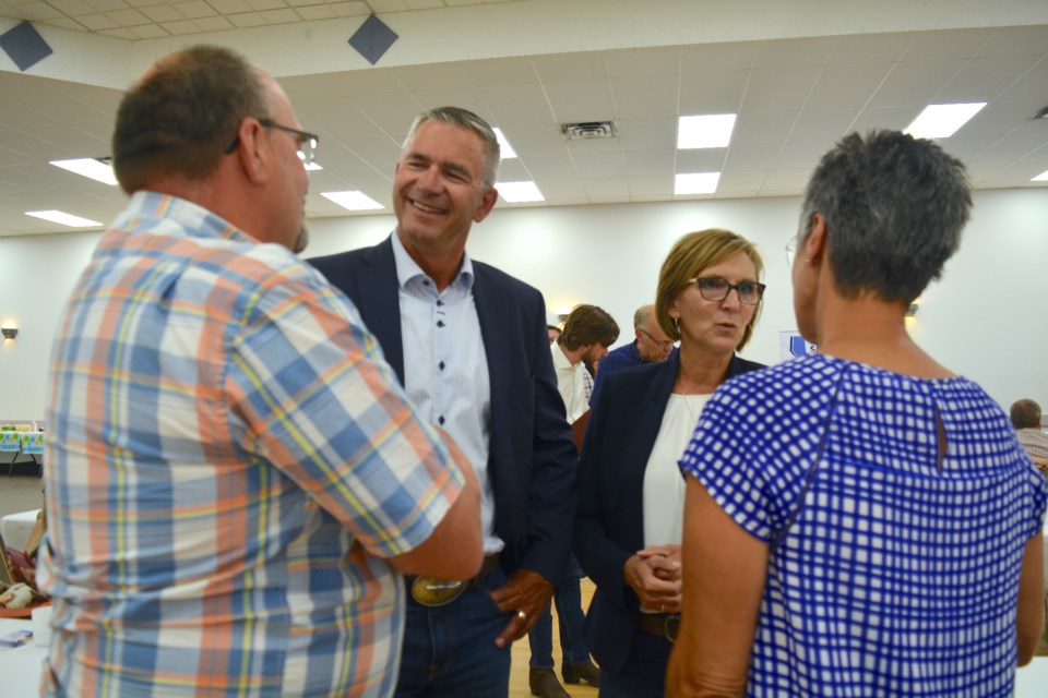 The Athabasca-Barrhead-Westlock UCP Constituency Association hosted the Northern Alberta UCP Leadership Forum at the Westlock Community Hall July 22. A total of 214 UCP members from across the province registered for the event, to hear leadership candidates’ views on the issues. UCP members will choose a new leader to replace Jason Kenney as premier on Oct. 6, 2022, and lead them into an election in 2023. Pictured, former finance minister Travis Toews chats up a few attendees to the forum July 22. 