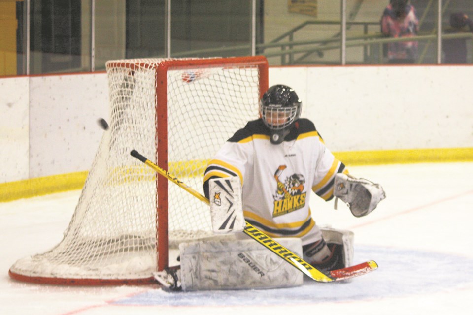 U15-2 Hawks goalie Austin Rich turns away one of 41 shots in a Nov. 8 game against Fort Saskatchewan at the Athabasca Regional Multiplex.

Chris Zwick/AA