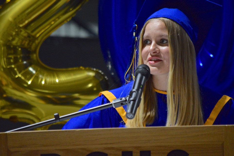 For the first time in three years, Barrhead Composite High School (BCHS) graduates had a fully in-person graduation experience with the official grad ceremony taking place on June 28, the banquet and dance taking place two days after on June 30. Both events took place at the Barrhead Agrena.

Valedictorian Karla de Waal was chosen as the Class of 2022 valedictorian. Before de Waal made her valedictorian address, BCHS principal Darcie Eamor spoke about some of de Waal’s achievements, which included earning 94 per cent in Socials Studies 30-1; 97 per cent in Physics 30 and English 30-1; 98 per cent in Math 30-1; 99 per cent in Math 31 and 100 per cent in Chemistry 30.