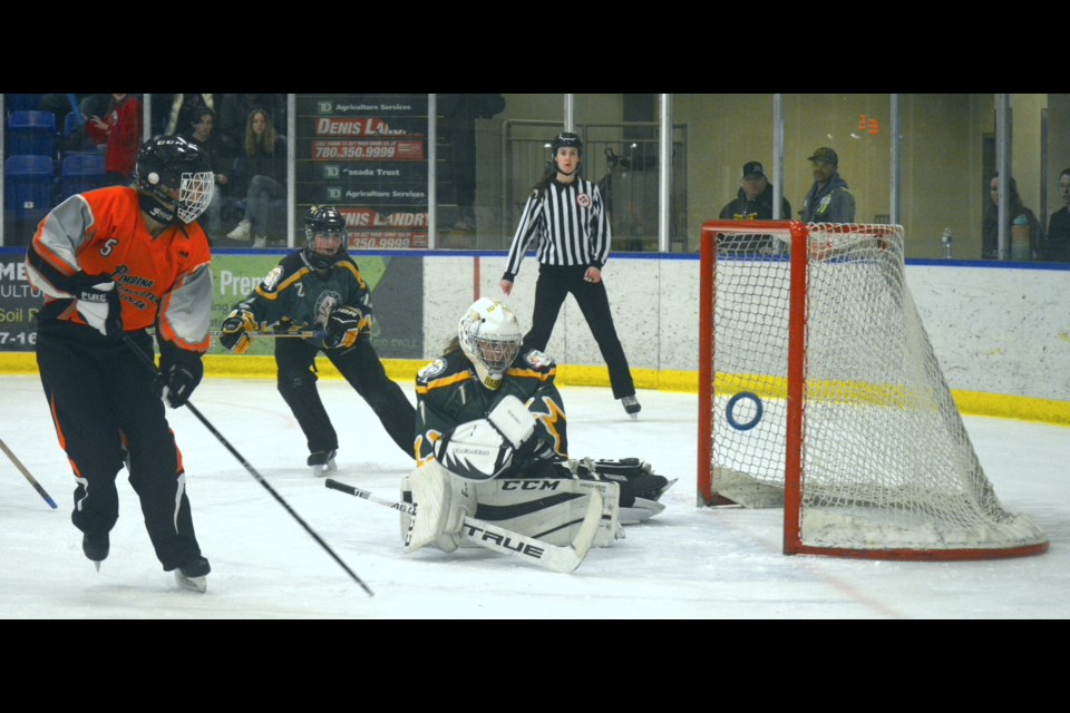 The U19B Pembina Royals welcomed ringette teams from across Alberta for the 2023 U19B Provincial Ringette Championships March 24-26 at the Rotary Spirit Centre (RSC). Royals’ Paige Tymkow watches as the ring bounces off the post during their March 24 game versus the Medicine Hat Chicken Hawks — the Chicken Hawks won the contest 9-2 and went on to win the provincial title.