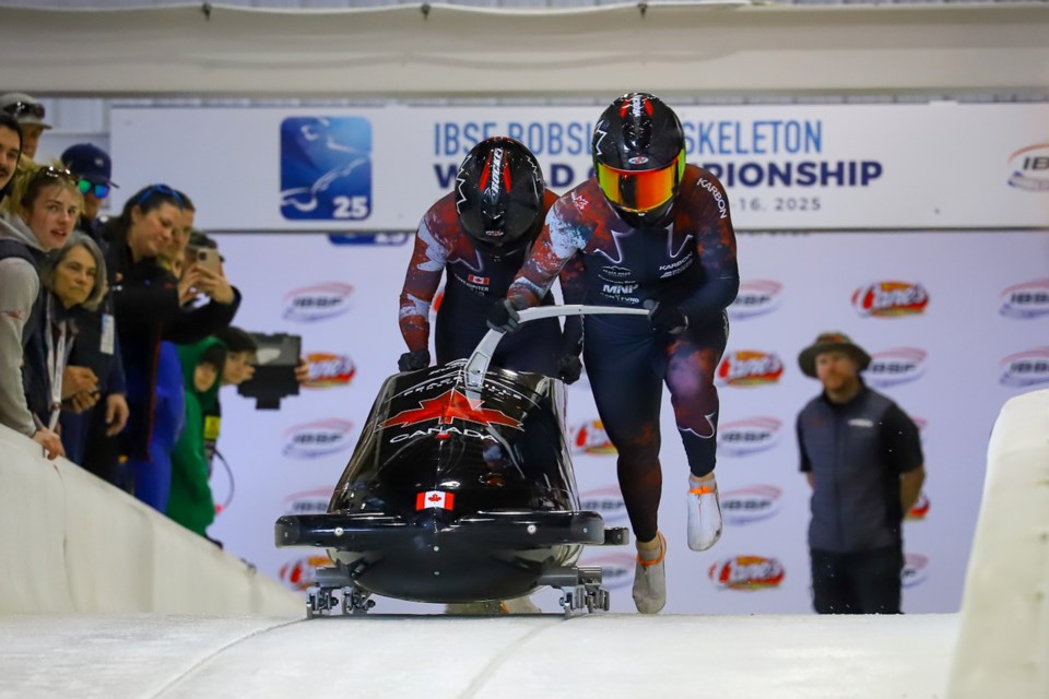 Barrhead native Melissa Lotholz and  Leah Walkeden from  Ardrossan compete at the World Bobsleigh Championships.
supplied/photo credit Ken Childs