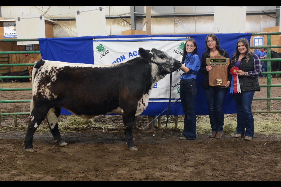 Robyn Young with her Grand Champion market steer at this year’s Bon Accord 4-H Show and Sale held May 25 at the Sturgeon Agriplex. Presenting the Farm Credit Canada award at right are FCC representatives Tammy Round and Megan Balascak. 