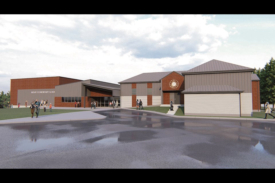A rendition of the new façade and gym at Busby School. The new gym, currently under construction, is expected to be complete later this summer. 