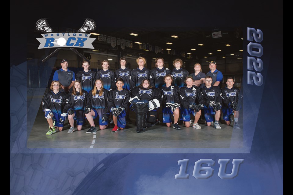 Westlock Rock 16U, front row, L to R: Lukas Boissonnault, Izzabella Born, Carly Goller, Dominic Reay, Kaelin Martel, Miller Ferguson, Jack Wilson, Alex McCormick and Aiden Properzi.
Back row, L-R: head coach Rory McCormick, Zachary McCormick, Steve Andrusiak, Graycen Born, Luke Kristiansen, Owen Carter, Owen McKenna, coach Beth Goller and coach Michael Andrusiak. Missing are coach Taylor Goller and manager Bev Carter. 