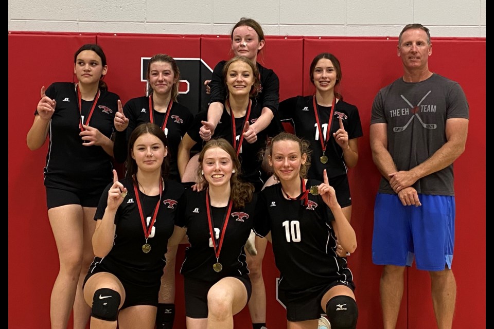 R.F. Staples School's junior varsity girls volleyball team celebrated their home tournament victory Oct. 1, the club’s second-straight tournament title. Back row, L-R: Lainey Pizzey, Olivia Nyal, Kianna Stadnyk, Morgan Genert (in behind), Emmalee Tagg and coach Steve McKenna. Front row, L-R: Jaila Spence-Hughes, Cailie McKenna and Mackenzie Stevens. 