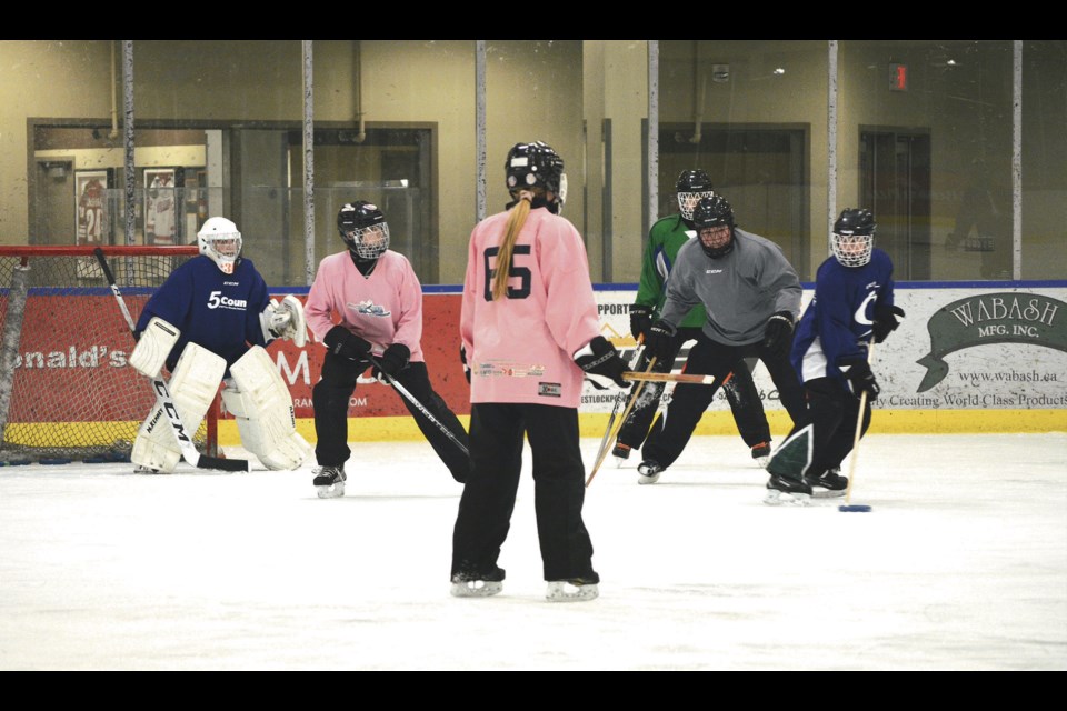 Members with the 16B Pembina Rage run through some drills during a March 11 practice at the Rotary Spirit Centre. The Rage are hosting the 2022 Provincial Ringette Championships which will be played in Westlock and Thorhild March 18-20. 