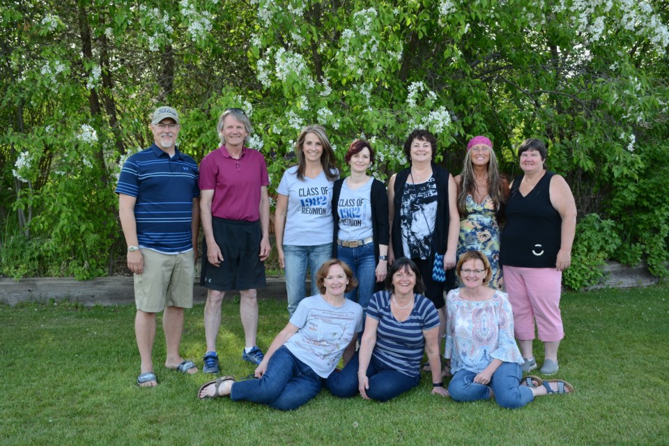 St. Mary Class of 1982 gathered June 3-4 to celebrate 40 years. Back row, L-R: Peter Nestrovich (Calgary), James Lecky (Calgary) Rachelle Sabourin (Edmonton), Christine (Dul) Vachon (Westlock area), Suzanne LeBeau (Red Deer), Loretta Koenig (Edmonton) and Charmaine (Dyky) Nygaard (Faust). Front, L-R: Joanne Kallal (Edmonton), Joanne (Bilodeau) Gill (Calgary) and Peggy (McGaughy) Hardinge (Westlock). Missing from the photo was Richard Huppertz of Calgary, who did join with them earlier for a school tour.