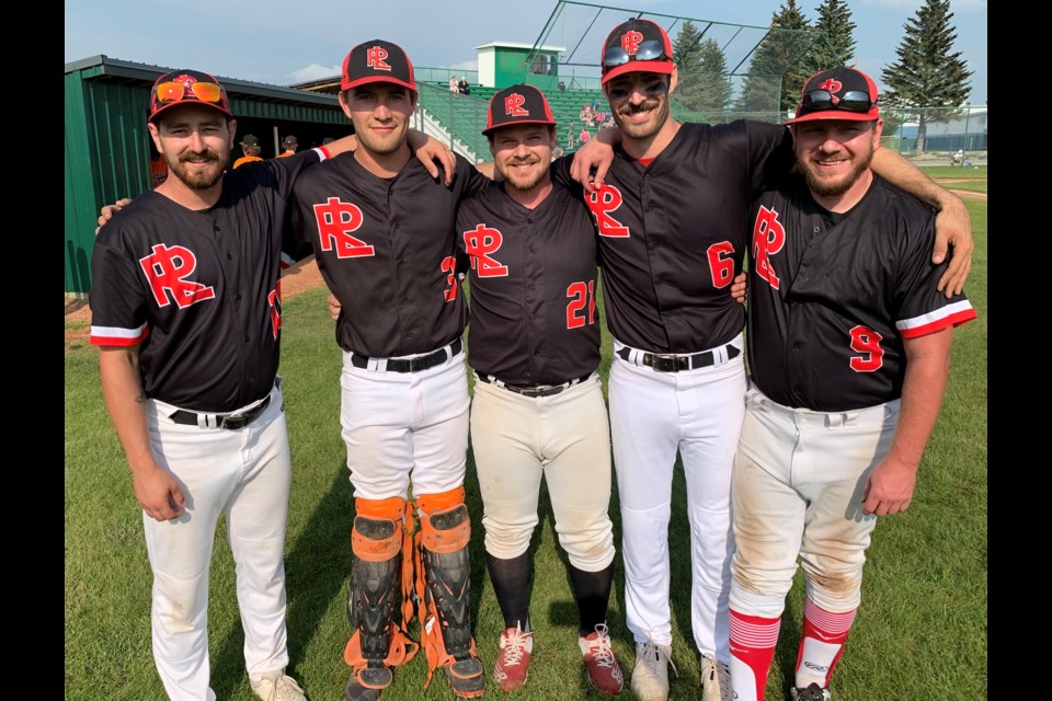 With a lot of last-minute work following a torrential downpour late Saturday night, the North Central Alberta Baseball League All-Star Game was hosted Sunday, July 23, at Keller Field in Westlock — the game had initially been slated for 2 p.m. but was pushed back to 6 p.m. to get the field into shape. The Red Lions’ contingent included (above, L-R) Al Borle, Kaden Wiegand, Nathan Brown, Hayden Chies and Sean Beaudoin, who was also the skipper for the Westlock Power and Marine All-Stars. 