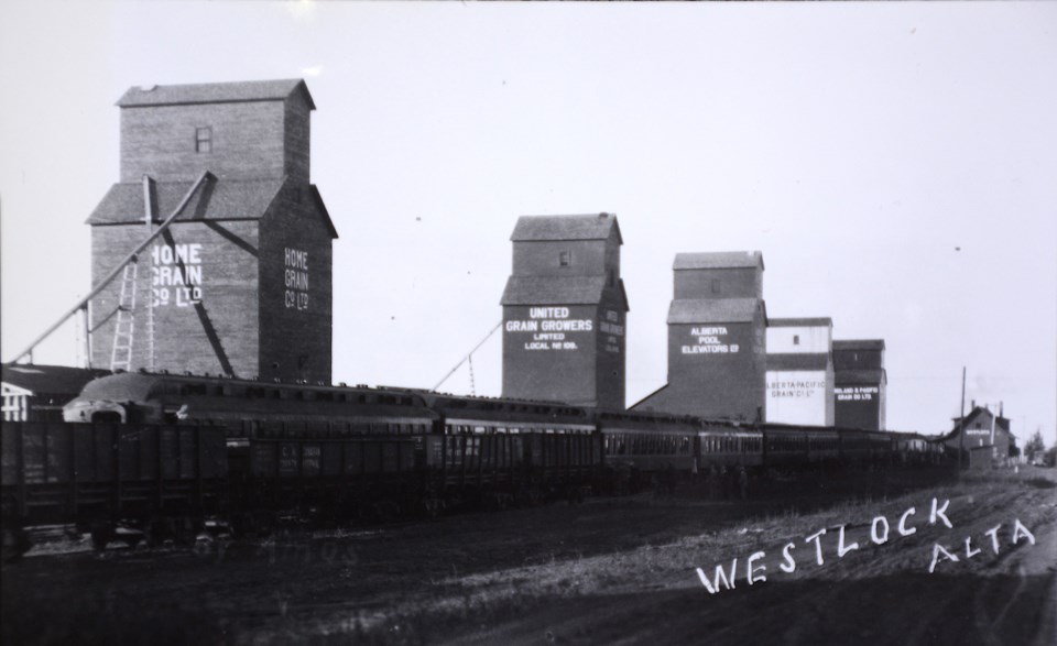 Undated photo of grain elevators in Westlock, AB