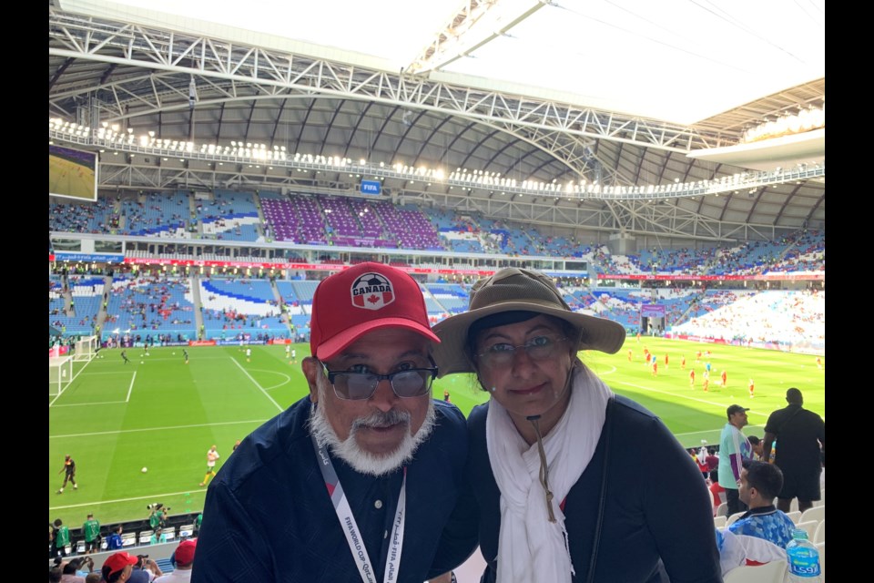 It was the “trip of lifetime” for Westlock’s Ali and Shirin Jamaly, who spent a week in Qatar for World Cup 2022. Pictured, Ali and Shirin get ready to watch Switzerland vs. Cameroon at Al Janoub Stadium Nov. 24. 