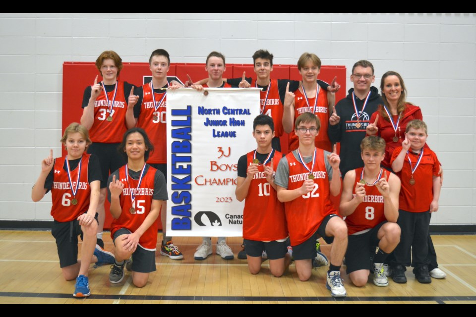 The R.F.Staples School (RFS) junior boys basketball team are zone champions after beating the Parkland Pacers 58-45 in the gold medal game  March 4. Celebrating their win is L-R back row: Nate Rigney, Isaac Kostiwn, Mark Oloske, William Despaul, Connor Methot, assistant coach Cody Lathe and head coach Jessica Stevens. Front row: Carter Stevens, Kris Delos Reyes, Brennan Properzi, Alex McCormick, Dyllan Marko and assistant coach Jacob Stevens.  