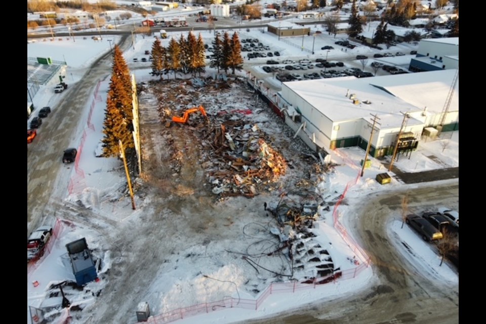 These aerial drone photos provided by Dale Krysa at Eagle Excavating show Jubilee Arena before and after demolition. Town officials now expect the job to be done within the next few weeks.