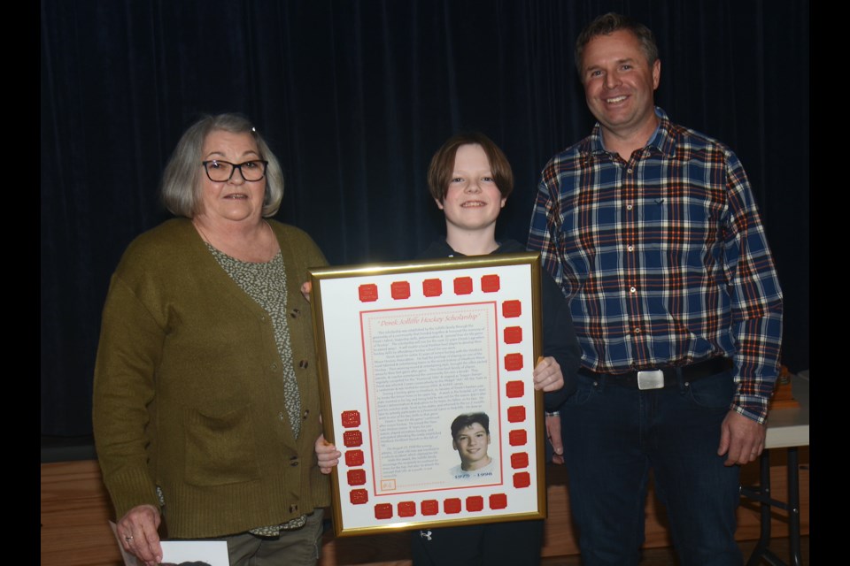 The Westlock Minor Hockey Association held its annual award night April 17 at the Legion. The Derek Jolliffe Hockey Scholarship Award was won by Jax Fradette, with award sponsor Joan Jolliffe and Westlock Minor Hockey Association president Nelson Jespersen presenting. 