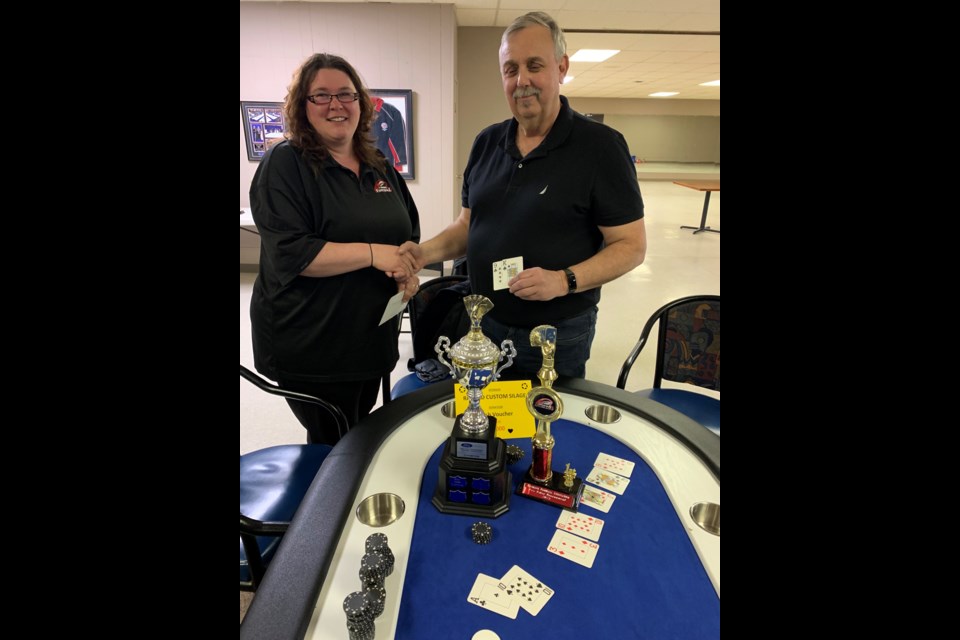 The Westlock Football Association held its second annual Fun Texas Hold’em Tournament fundraiser March 25 at the Westlock Curling Club. The winner was Gary Stefan who walked away with a $2,000 cash voucher from Marquette Farms and Custom Silage. Congratulating him on his victory is football association president Amanda Nelisher.