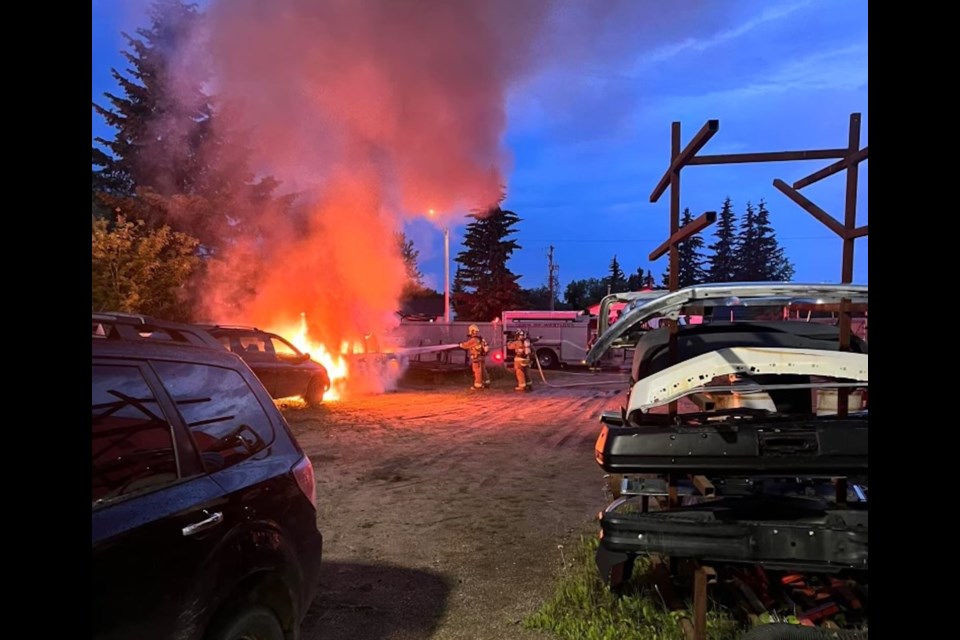 A photo of the June 1 fire at Precision Classic Restoration and Collision Repair that was posted to the Westlock Crime Watch page on Facebook. 