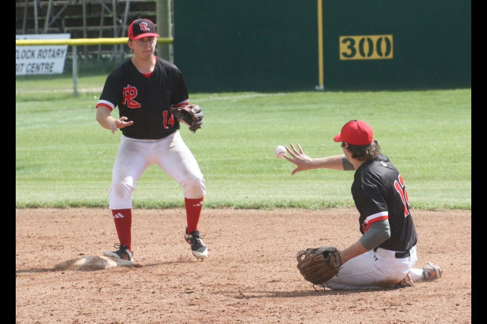 The Westlock Red Lions will play for a North Central Alberta Baseball League title after beating the Parkland Twins 2-1 in their Aug. 12-13 best-of-three series played at Keller Field. ABOVE: Second baseman Teron Callihoo flips the ball to shortstop to Leyton Sharrun to start a four-six-three double play in the opening game of the series Aug. 12, which the Twins won 2-1. 