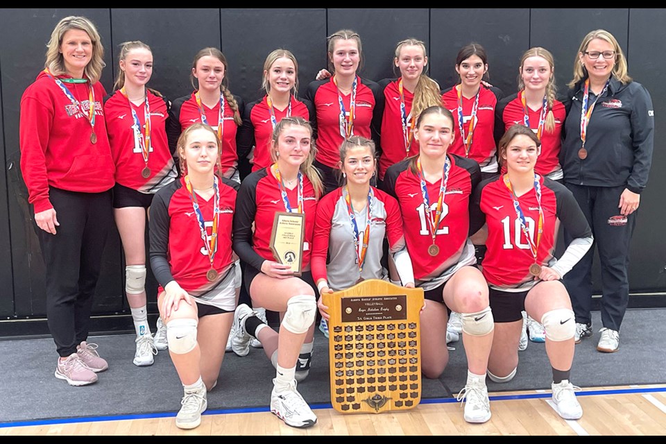 The RF Staples Senior High Girls Volleyball. Back row (l-r) Coach Danielle Snyder, Farrah Breckenridge, Emily Drinkwater, Abbie Bernard, Bree Keith, Mackenzie Stevens, Mya Dzivinski, Kayla Hess, Coach Leanne Huppertz.  Front (l-r) Madison Guenette, Drew Yeomans, Kylee Tymkow, Jenna Snyder, Naomi Rottier. 