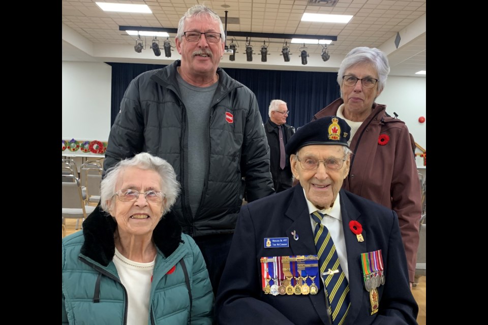 Westlock Legion Branch #97’s oldest living war veteran was recognized during the Remembrance Day Service at the community hall in Westlock on Nov. 11.  Tom McConaghy is pictured with his wife Freda and two of their three children, Kerry McConaghy and Maureen Mirus. Freda is a war bride. She met Tom while he was stationed in England during the Second World War. 