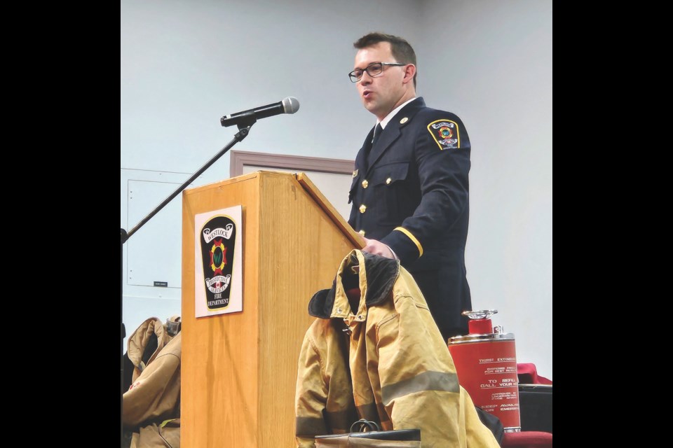 Westlock firefighter Lt. Joseph Down gave an emotional toast to the families during the annual Firefighters Ball Oct. 21 at the Westlock Memorial Hall.