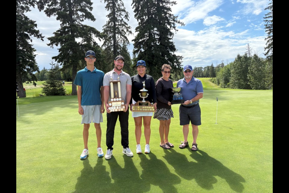 The five Westlock Golf Open Champions announced on Aug. 11 after a two day competition. L-R: Carson Vervynk (Junior Open), Chase Provencal (Men's Open), Madison Provencal (Ladies Open), Debbie Shoemaker (Senior Ladies Open) and Cal Adkins (Senior Men's Open).