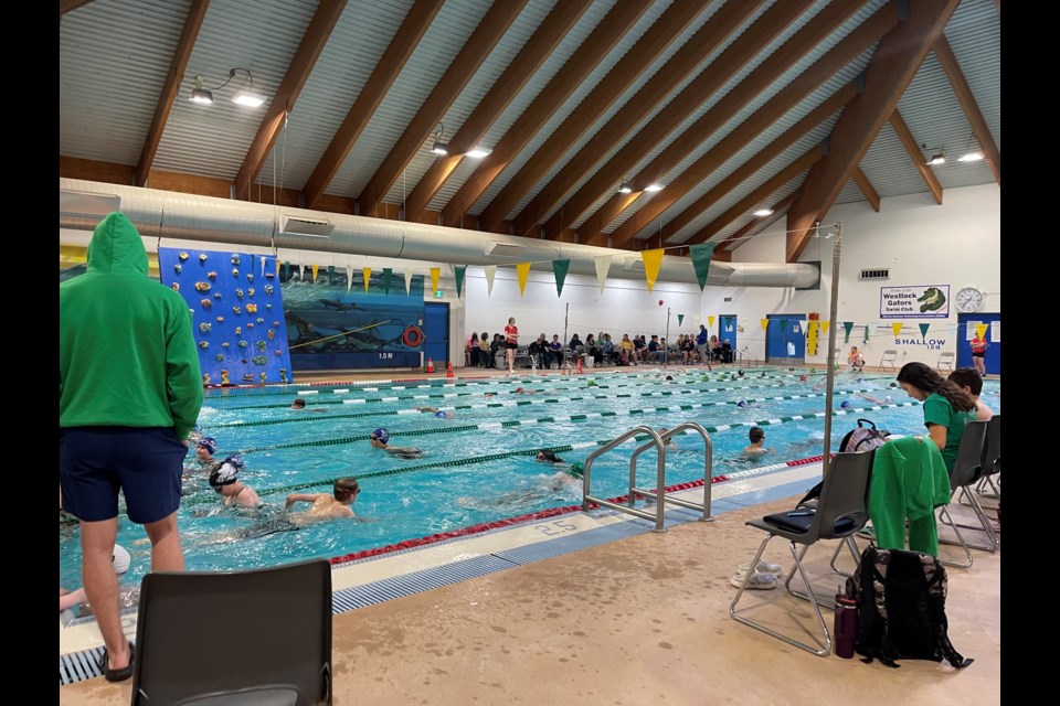 Swimmers taking a few laps to get use to the pool before the meet begins. 