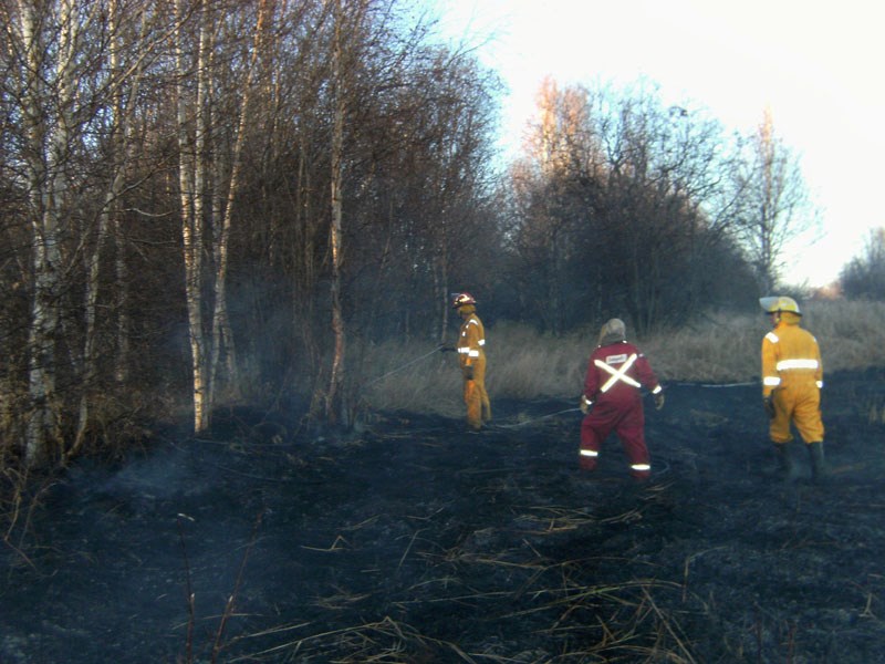 Firefighters go into action against the Flat Lake Blaze on Thanksgiving Day, which burned up to 70 hectares of vegetation including trees, hay bales, and grass.