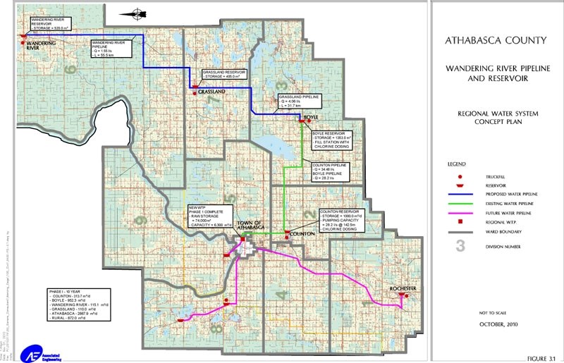 A map outlining the existing waterline running out of Athabasca down to Rochester and Boyle with the proposed Wandering River route in blue. The extension up Highway 63 is
