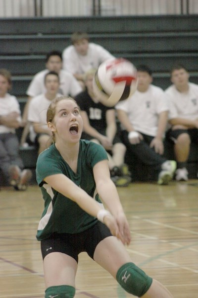 Sarah Windeler prepares for a bump during match at the EPC Senior Volleyball Tournament held at the Athabasca Regional Multiplex and EPC gym in early October