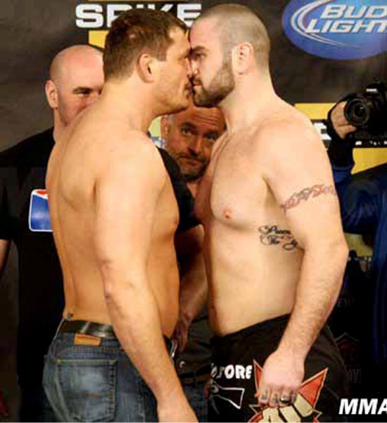 Boyle native Tim Hague (right) squares off with UFC opponent Matt Mitrione at the weigh-in before their fight last Saturday.