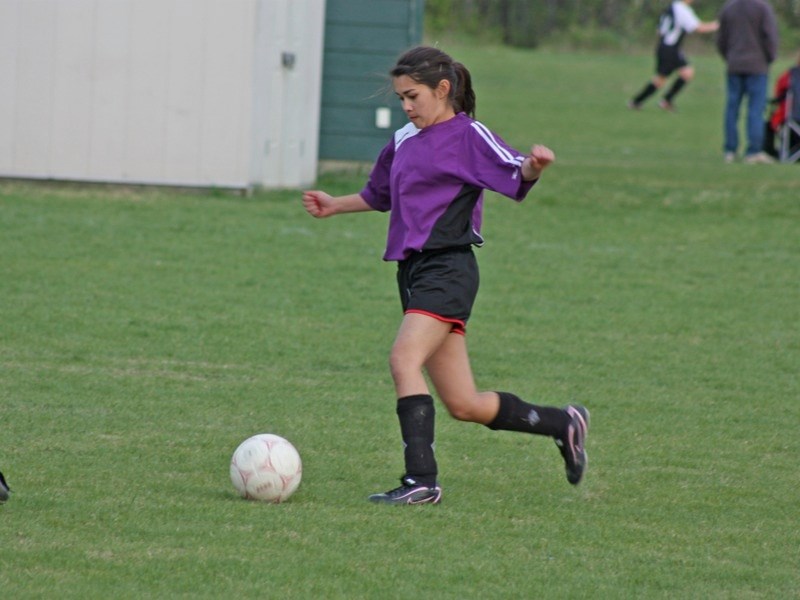 Devyn Kim of the Athabasca U16 Crusaders kicks the ball during a game against Smoky Lake last week. Athabasca lost 1-0.