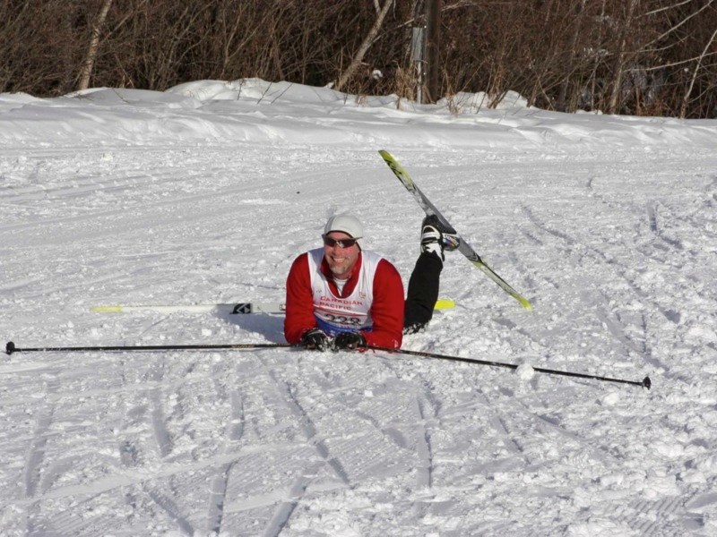 Jonathan Alexandruk of Edmonton takes a fall on the Muskeg Creek Trail during the 2011 Athabasca Loppet. This year&#8217;s event will be held on Jan. 14.