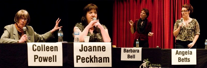 Colleen Powell, Joanne Peckham, Barbara Bell, and Angela Betts all attended the Candidates&#8217; Forum hosted by the Athabasca Chamber of Commerce on Thursday at the Nancy