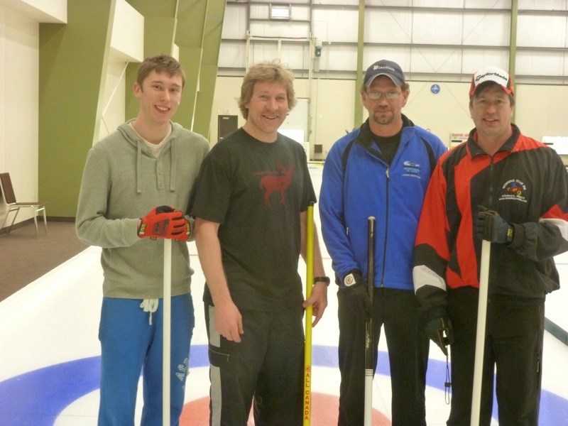 The men&#8217;s bonspiel capped off the Athabasca curling season. The &#8216;A&#8217; champions (l-r) Brett Martin, Kendall Robocon, Dalon Katona, Trevor Martin (skip).