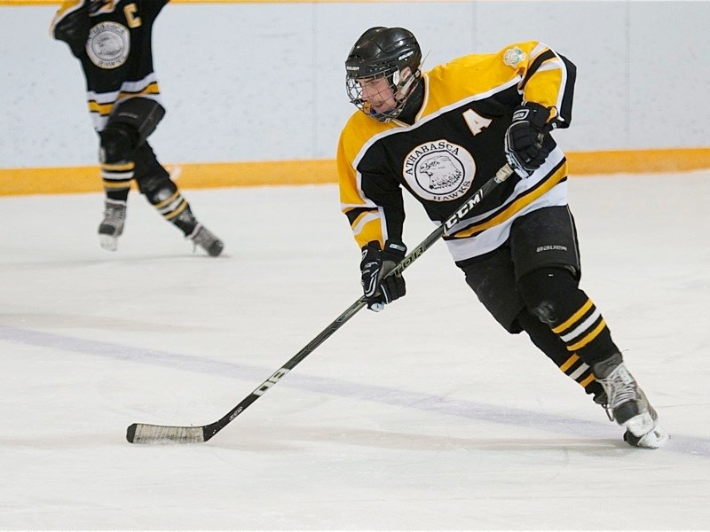 Athabasca was in action at the bantam provincial championships in Three Hills last weekend. Brandon Borys of the Hawks skates up the ice.