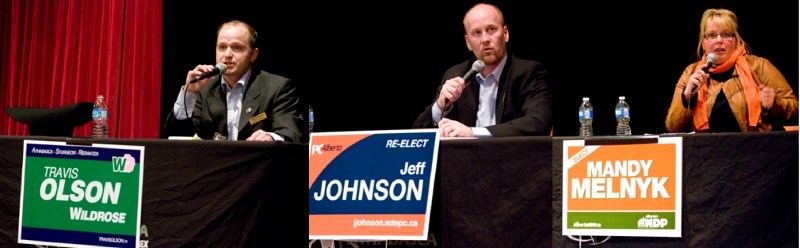 (l-r) Travis Olson, Jeff Johnson, Mandy Melnyk and Gino Akbari (not pictured) are vying for the Athabasca-Sturgeon-Redwater seat.