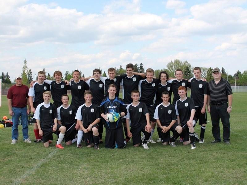 Athabasca&#8217;s U18 Anarchy soccer team won gold at a tournament in Edmonton last weekend. (back row, l-r) coach Perry LeMessurier, Brad Russell, Nils Asfeldt, Mikkel Holt, 