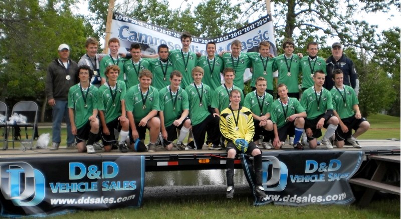 Athabasca&#8217;s U18 Anarchy boys soccer team won gold at the Camrose Night Classic on the weekend. (top row, l-r) coach Perry LeMessurier. Neil Topola, Dalten Lynde, Jaycee 