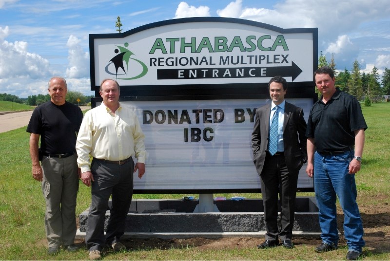 The Athabasca Regional Multiplex received a donation from the Insurance Bureau of Canada (IBC) on June 13 to be put towards a community information sign. (l-r) Multiplex