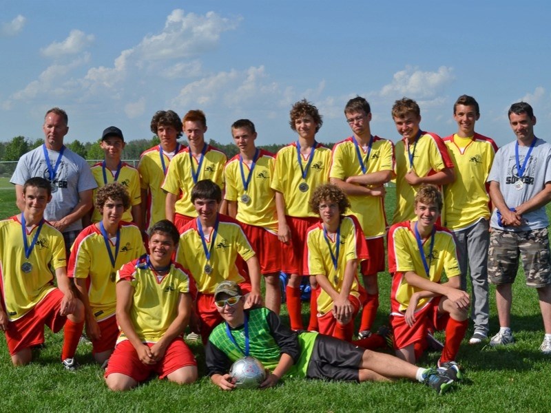 The U16 Spartans won silver at provincials in Leduc earlier this month. (back row, l-r) coach Nick Flynn, Robbie Mason, Damian Mackay, Ryan Runcer, Taz Pichota, Stephen