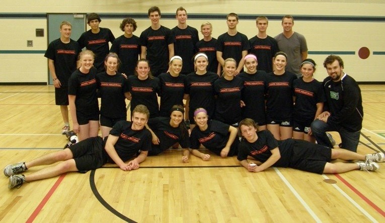Both EPC&#8217;s boys and girls senior volleyball teams won gold at a tournament in St. Paul last weekend. (back row, l-r) Deacon Schilling, Tate Decoine, Damian MacKay,